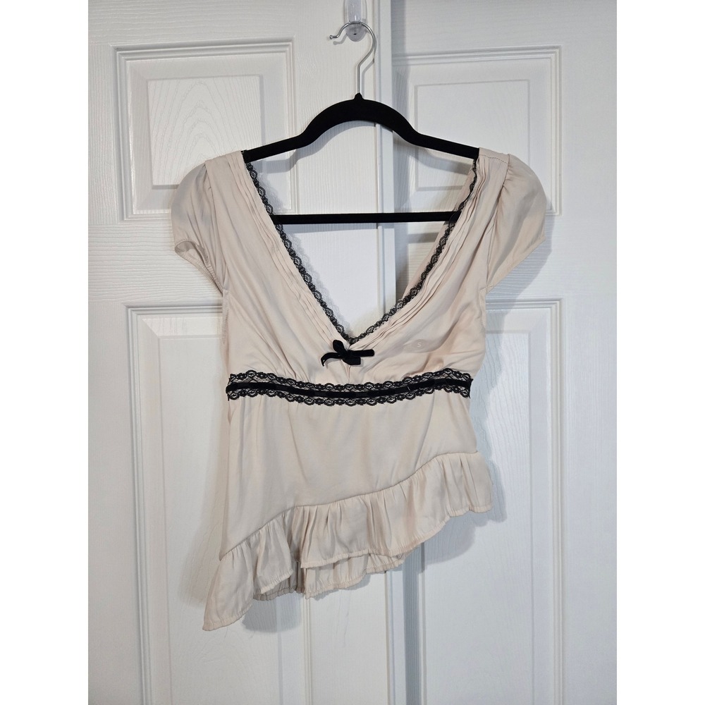 LA Hearts Ivory Lace Trim V-Neck Empire Waist Ruffle Hem Top S 0421-46158